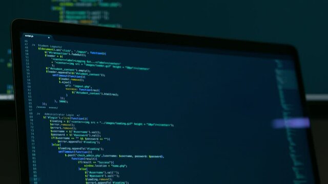 Real Javascript code. Front end web development. Java script JS code on laptop screen. Web design concept.