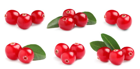 Set of fresh ripe cranberries on white background