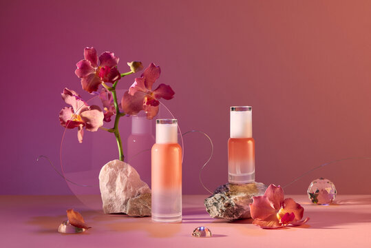 Natural cosmetics products standing on colorful background