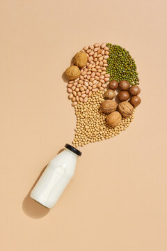 Vegan milk from nuts in glassbottle with various nuts