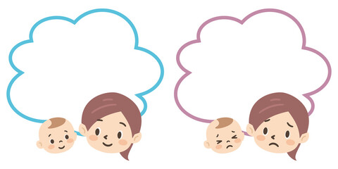 困った表情と笑顔の親子とふきだしセット
