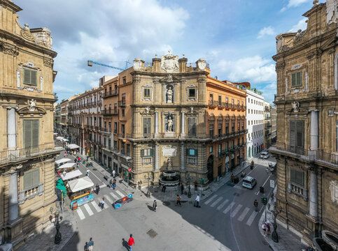 Palermo, Italy 29 July 2020: Aerial view of pedestrian streen in the city centre.