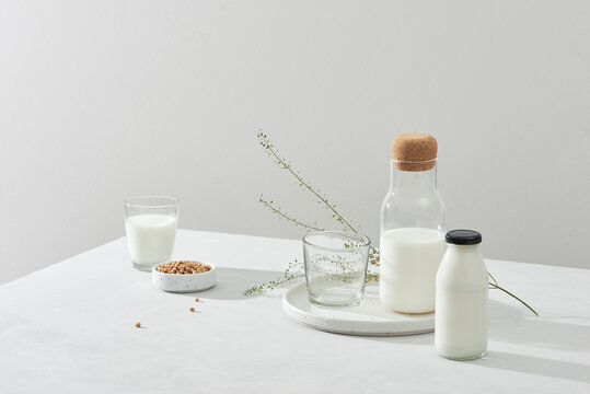 Milk from soy bean in glass bottle
