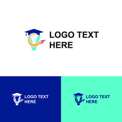 Initial letter V with toga hat  graduation gown and paper plane flying around for education academy logo concept 