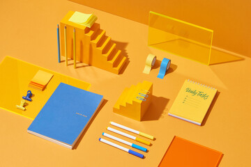 Stationery stylish set on yellow background.