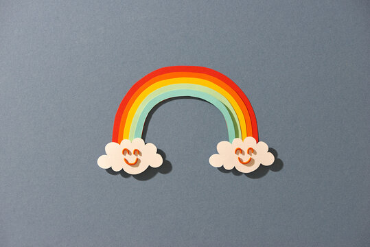 Cloud And Rainbow In Blue Sky Paper Cut Art Style The Concept Is Season Day