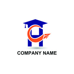 Initial letter H with toga hat  graduation gown and paper plane flying around for education academy logo concept 