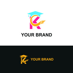 Initial letter K with toga hat  graduation gown and paper plane flying around for education academy logo concept 