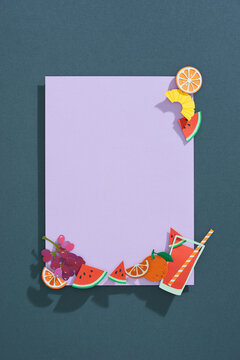 Summer frame with fruits. Pineapple, watermelon, orange and monstera leaves.