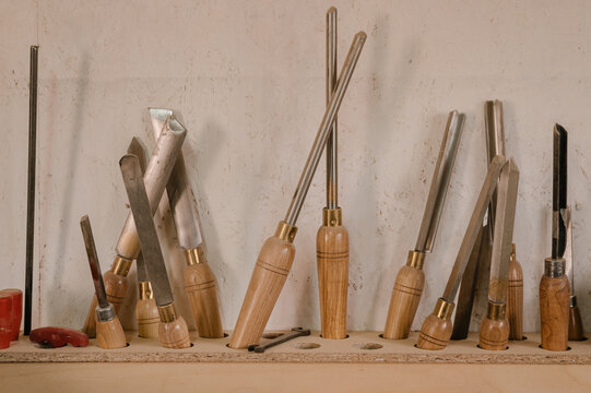 Set of wood chisels in joinery