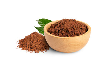 Cocoa powder in wooden bowl with leaves isolated on white background.