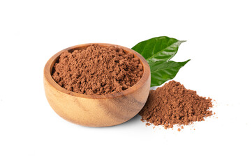 Cocoa powder in a wooden bowl  isolated on white background.