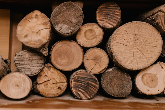 Stack of logs in workshop