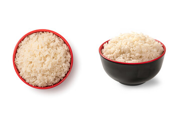 Cooked rice in bowl isolated on white background.