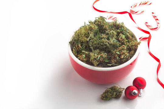 Red bowl of cannabis for a holiday Christmas party