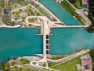 Aerial view of electricity power dam, Switzerland.