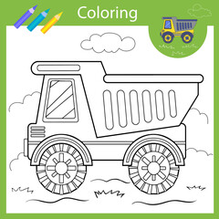 Coloring the drawing of truck. Kids worksheets. Children funny activity page. Vector illustration.
