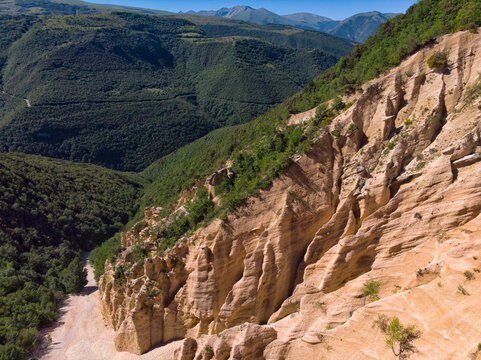 Drone view of eroded ridge of Lame Rosse in Sibillini Mountains