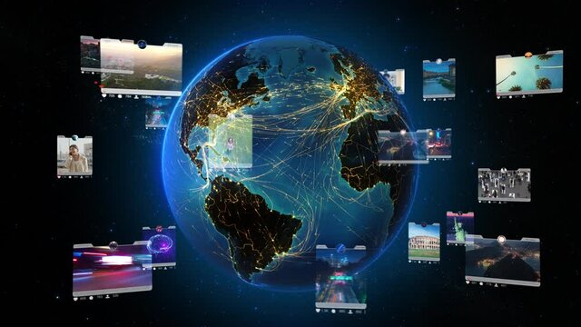 Blue rotating Earth with bright connections and social media interfaces. Futuristic and connected world with augmented reality elements. Loopable.