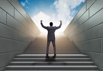 Businessman climbing up challenging career ladder in business co