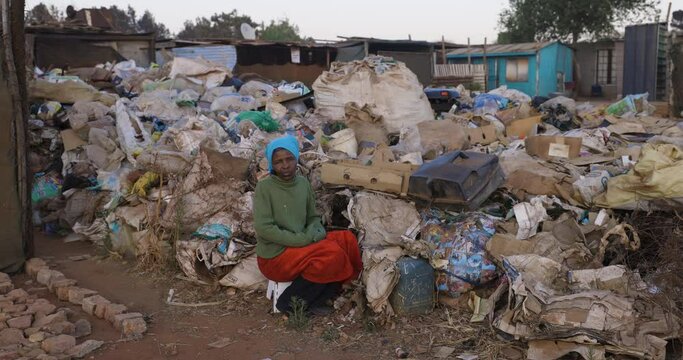 Face of poverty.  Portrait panning view of a Poor Black African woman sitting next to a pile of rubbish in an informal settlement (squatter camp). South Africa