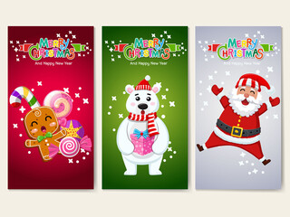 Collection Merry Christmas and Happy New Year greeting cards. Christmas candy, Polar Bear, Santa Claus, characters. Set of vector icons illustrations
