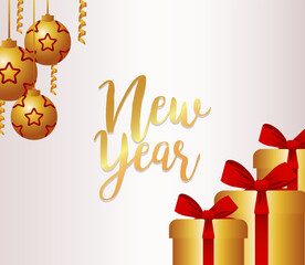 happy new year lettering card with stars in golden balls and gifts