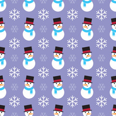 Snowman snowflake christmas pattern seamless repeat background. Perfect for winter themed wallpaper, backdrops, packaging, stationery, scrapbooking, or giftwrap projects. Surface pattern design.