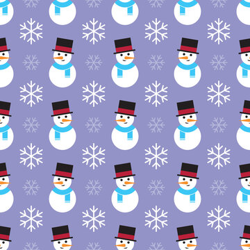 Snowman snowflake christmas pattern seamless repeat background. Perfect for winter themed wallpaper, backdrops, packaging, stationery, scrapbooking, or giftwrap projects. Surface pattern design.