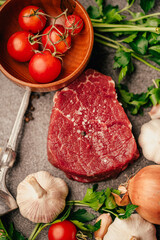 Fresh meat preparation. Raw meat seasoning. Grass fed beef steak from the tenderloin.Portioned...
