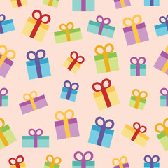 Christmas gift box design seamless background repeat pattern. Perfect for xmas backdrops, happy holidays wallpaper, packaging, scrapbooking, or giftwrap projects. Surface pattern design.