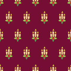 Candle christmas lights background design seamless pattern. Great for happy holidays backdrops, xmas season wallpaper, winter themed packaging, scrapbooking, giftwrap projects. Surface pattern design.