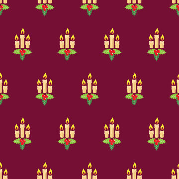 Candle christmas lights background design seamless pattern. Great for happy holidays backdrops, xmas season wallpaper, winter themed packaging, scrapbooking, giftwrap projects. Surface pattern design.