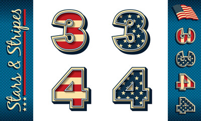 Numbers 3 and 4. Stylized vector numerals with USA flag elements and colors, isolated on white, with example on dark background.