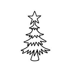 Black outline hand drawing vector illustration of a carved Christmas fir tree isolated on a white background