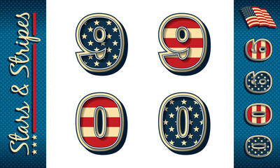 Numbers 9 and 0. Stylized vector numerals with USA flag elements and colors, isolated on white, with example on dark background.