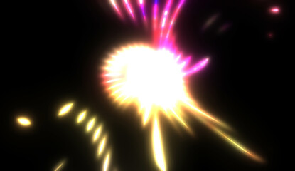 Dynamic rays of light isolated on black background. Graphic 2D illustration of glowing colorful light particles.