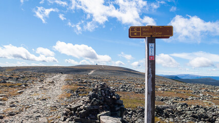 Sign post indicating the Mont Jacques Cartier, in the Gaspesia national park, Canada