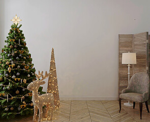 wall mockup in interior with christmas tree