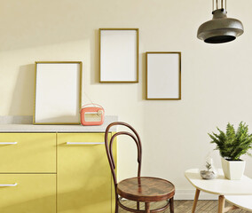 poster frame mockup in modern simple kitchen with side chair