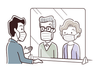 ベクターイラスト素材：コロナ対策、パーテーション、窓口、接客、受付、マスク、対応
