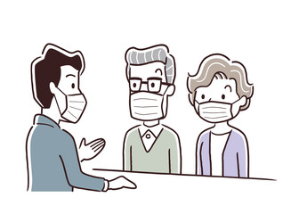 ベクターイラスト素材：マスクを装着したシニア夫婦、窓口、接客、受付、対応
