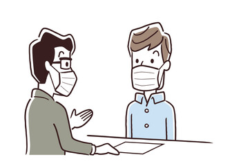 ベクターイラスト素材：マスクを装着した男性、窓口、接客、受付、対応
