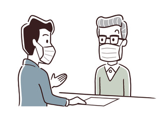 ベクターイラスト素材：シニア男性、窓口、接客、受付、対応
