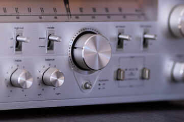 Vintage Audio Stereo Receiver Huge Shiny Metal Volume Knob Closeup