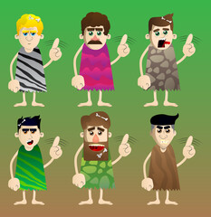 Cartoon caveman saying no with his finger. Vector illustration of a man from the stone age.