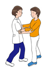 前方からの介助で歩行する女性と、介護者