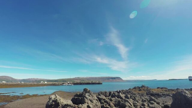 Ferry Baldur Arriving At The Terminal In Westfjords, West Iceland - fast forward, GoPro shot