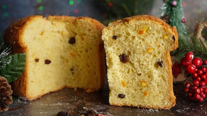 Homemade Panettone Bread on Xmas holiday background, selective focus