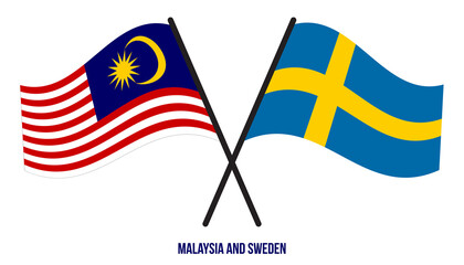 Malaysia and Sweden Flags Crossed And Waving Flat Style. Official Proportion. Correct Colors.